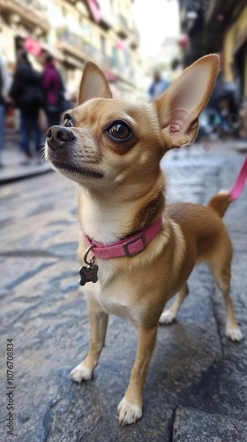 A small dog stands on a cobblestone street, looking curiously.