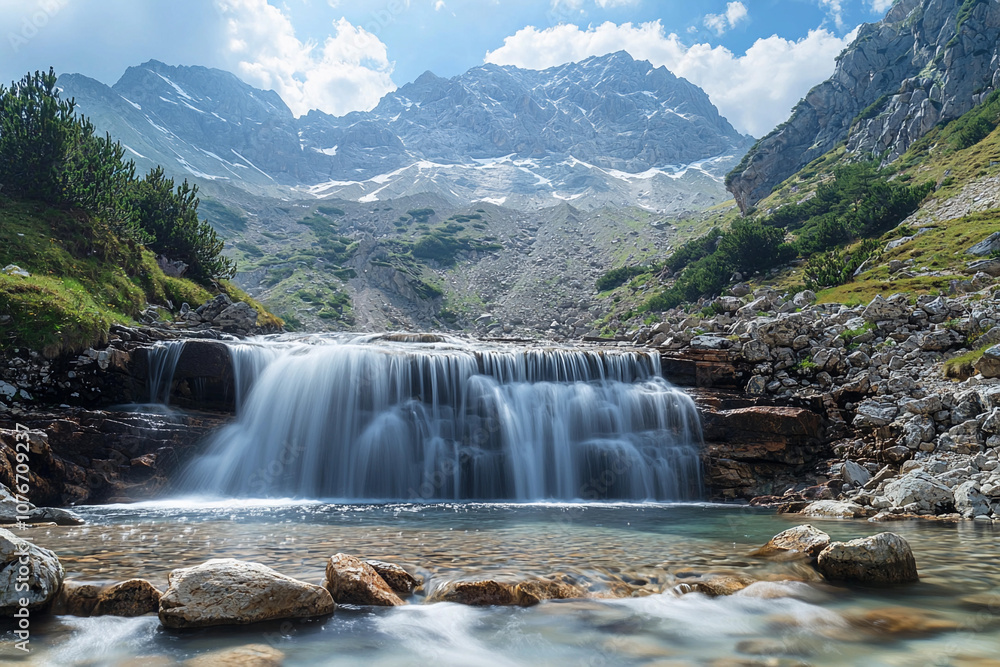 Fototapeta premium Majestic waterfall cascading over rocks in a serene mountain landscape