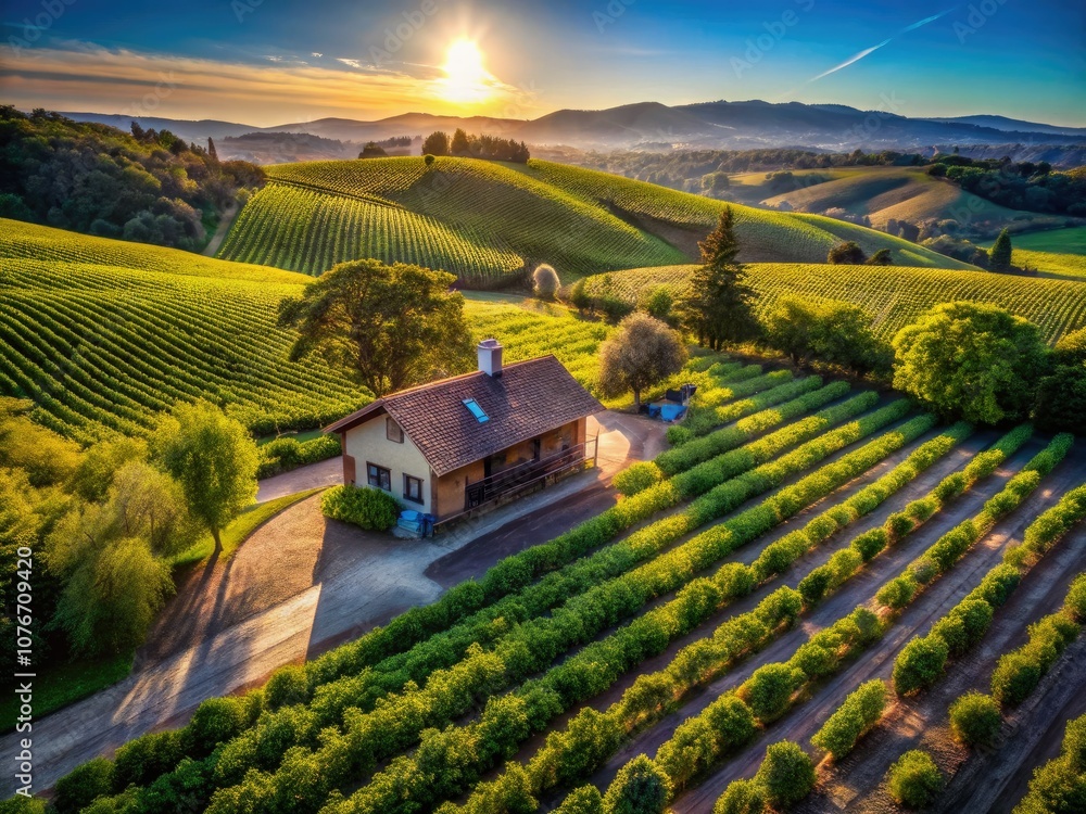 Obraz premium Serene Cottage in Vineyard - Idyllic Countryside Escape with Lush Greenery and Scenic Views