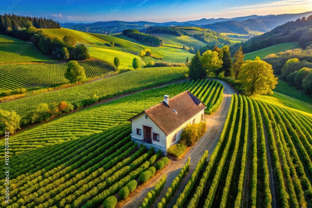 Fototapeta premium Serene Cottage in Vineyard - Idyllic Countryside Retreat for Relaxation and Escape