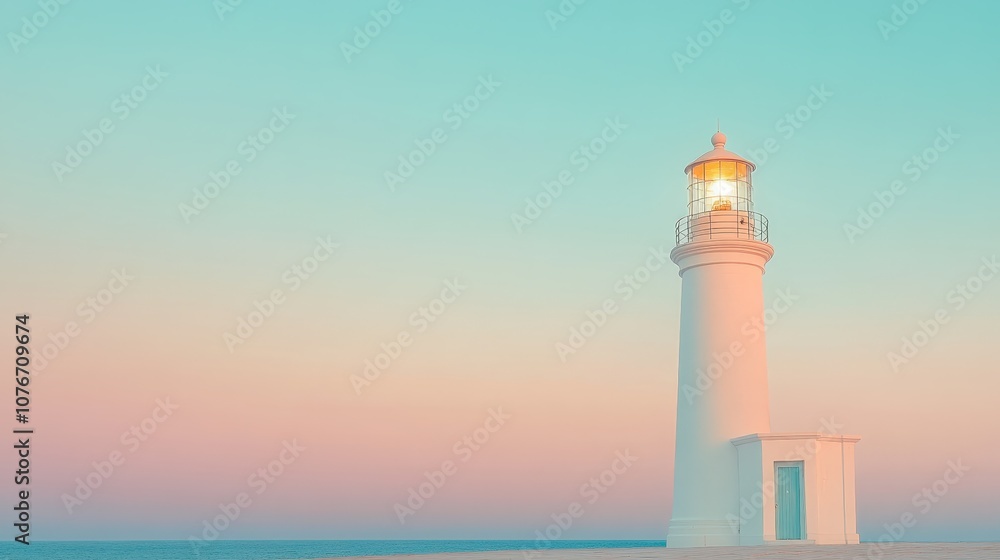 Tranquil Lighthouse Standing Against a Clear Sky at Dusk, Its Beam of Light Illuminating the Serene Ocean Scene with Soft Pastel Colors Tranquil Lighthouse Standing Against a Clear Sky at Dusk, Its Beam of Light Illuminating the Serene Ocean Scene with Soft Pastel Colors