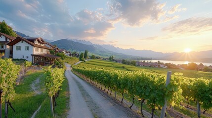 Crédence de cuisine  Serene Sunset Over Swiss Vineyard, Illuminated by Golden Light with Rolling Hills and Majestic Mountains in the Background  © phurinee