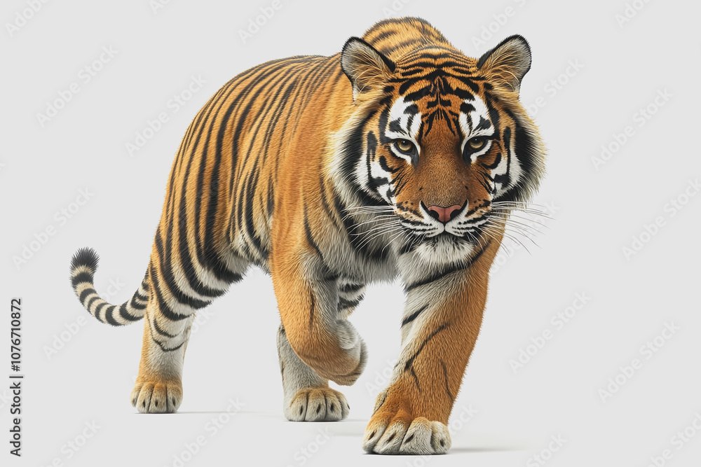 Obraz premium Stunning 3D Illustration of a Striking Tiger Walking Isolated on a White Background, Perfect for Wildlife and Nature-Themed Projects and Designs
