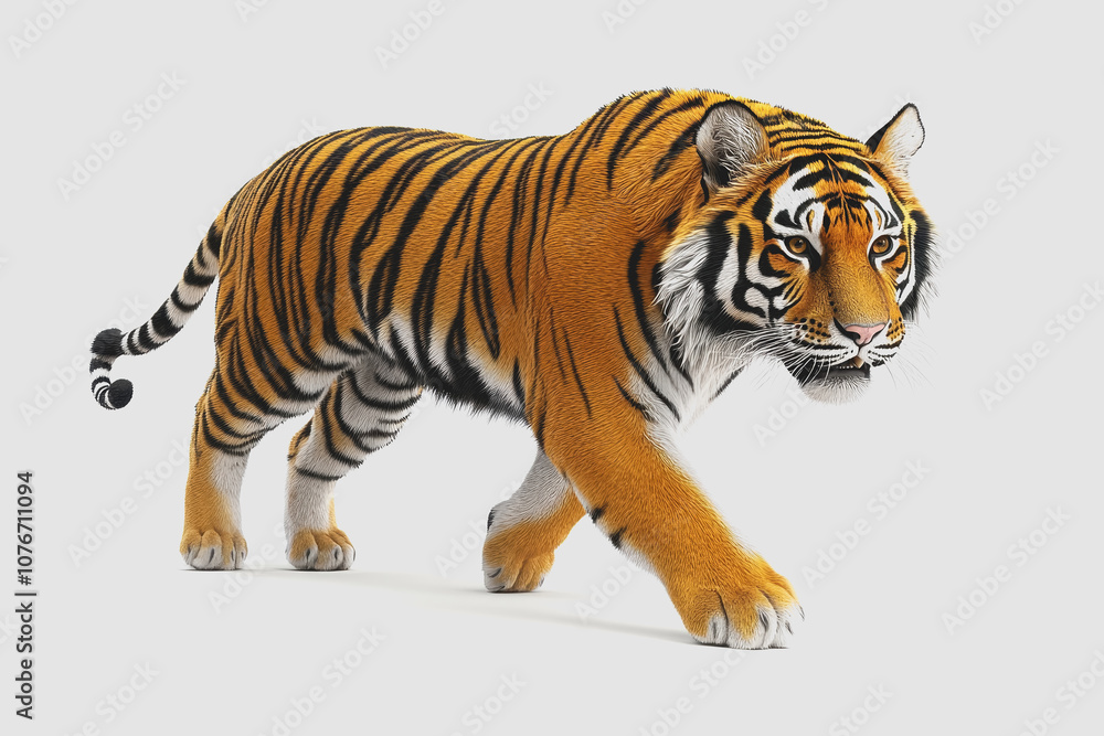 Fototapeta premium Realistic of a Majestic Tiger in Motion, Isolated on a White Background Ideal for Wildlife and Animal Themed Projects