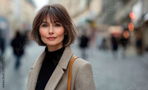 portrait of a stylish French woman 40-50 years old with a bob haircut, background on the street in the city. beautiful woman 40 years old, copy space