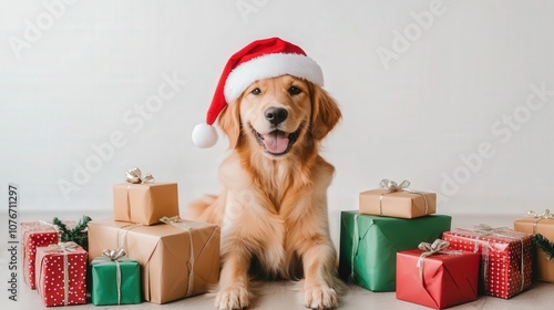 Adorable Golden Retriever Puppy Wearing Santa Hat Surrounded by Colorful Christmas Gifts and Presents, Perfect for Holiday Celebrations and Festive Imagery photo