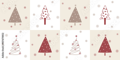 Seamless Pattern Cute Hand Drawn Christmas Tree Collage with Snowflakes