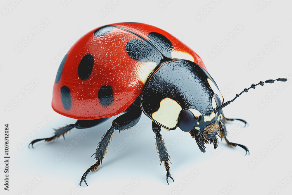 Fototapeta premium Detailed Macro of a Vibrant Red Ladybug with Distinct Black Spots on a Clean White Background Perfect for Insect-Themed Projects and Designs