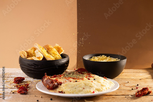 Matambre de cerdo a la napolitana con puré de papas, queso y pan.

 photo