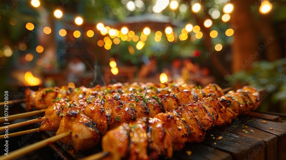 Grilled chicken skewers on a wooden board at an outdoor party with string lights and people in the background. Grilled chicken skewers on a wooden board at an outdoor party with string lights and people in the background.