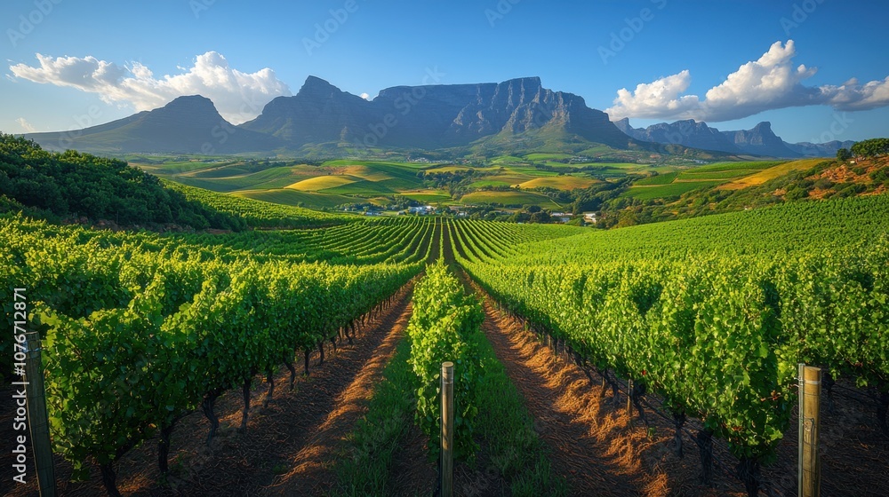 Fototapeta premium Scenic vineyard landscape with mountains in the background.