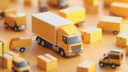 Model of a Yellow Delivery Truck Surrounded by Small Boxes on a Smooth Gradient Background, Ideal for Logistics and Shipping Concepts