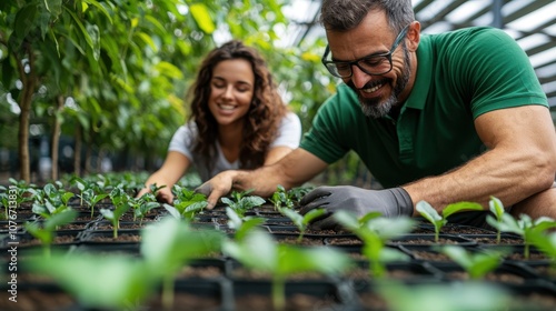 A joyful couple is working together with plants in a bright greenhouse, symbolizing teamwork, growth, and happiness surrounded by lush greenery.