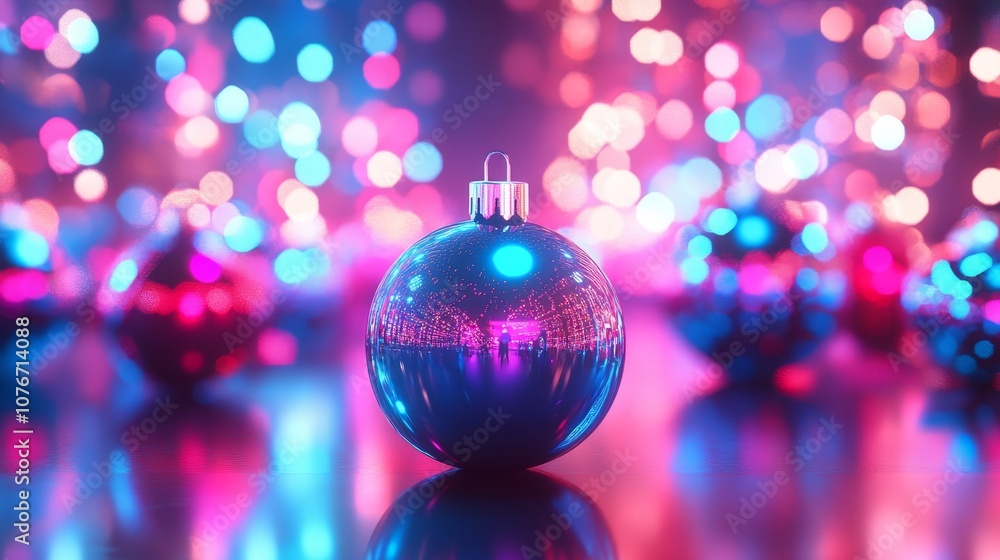 Neon Christmas ornaments in bright blue and pink, reflecting off chrome surfaces, illuminated by holographic lights, futuristic, 3D render, high contrast, vibrant colors Neon Christmas ornaments in bright blue and pink, reflecting off chrome surfaces, illuminated by holographic lights, futuristic, 3D render, high contrast, vibrant colors