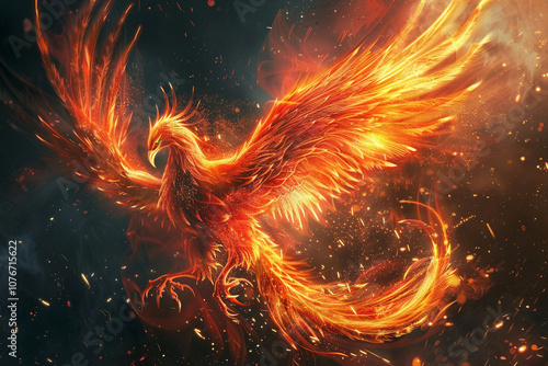 Fantastically beautiful mythological bird phoenix from bright fire