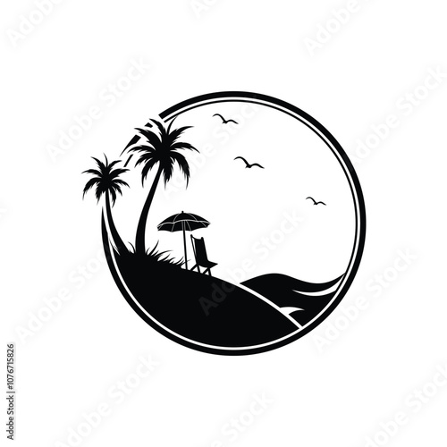 Tropical summer beach logo template with palm trees, umbrella and daybed with sun and flying gulls. Isolated vector emblem for summer travel, vacation or holiday spare time with paradise island