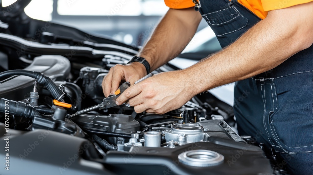 Technician safely repairs engine components using precise tools and standard safety gear for quality assurance Technician safely repairs engine components using precise tools and standard safety gear for quality assurance