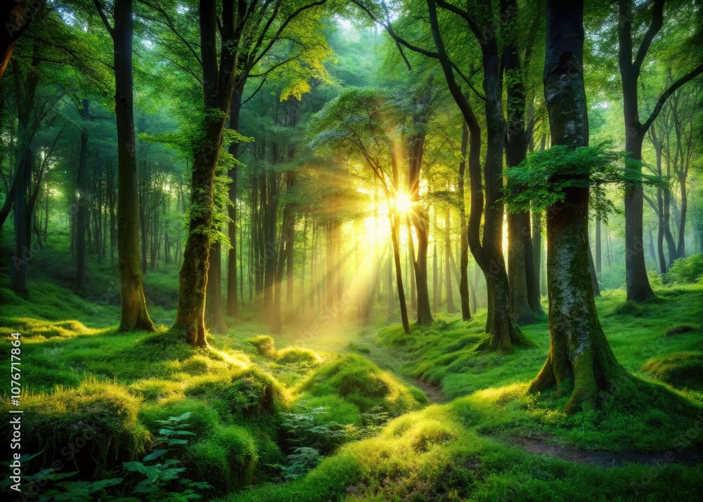 Obraz premium Serene Forest Landscape with Sunlight Filters for Relaxation and Rejuvenation