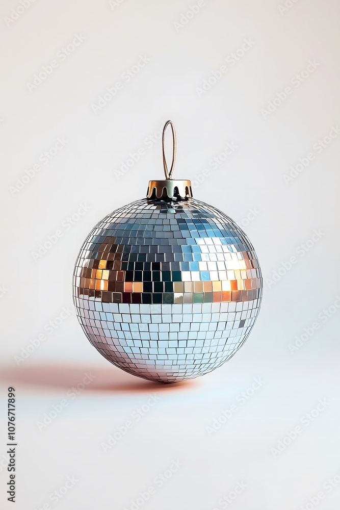 Christmas ornament in the shape of a shiny disco ball on a gray background