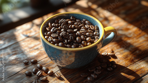 A white cup sits on a rustic wooden table, brimming with rich coffee beans. Soft sunlight filters through lush greenery, creating a warm and inviting atmosphere.