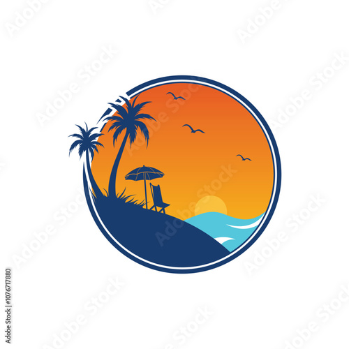 Tropical summer beach logo icon with palm trees, umbrella and daybed at seaside with sun and flying gulls. Isolated vector emblem for summer travel, vacation or holiday spare time with paradise island