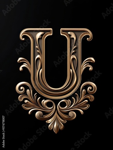 Gold letter U. Elegant Graceful logo. Calligraphic beautiful style. Ornate monogram. Vintage emblem for book design, brand name, business card, Restaurant, Boutique, Hotel. Generated by AI photo