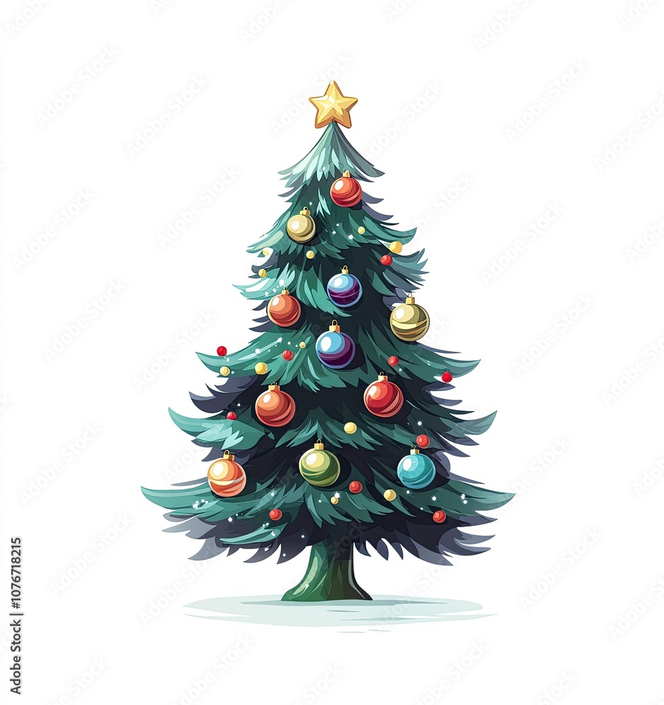 Obraz premium New Year and Christmas cartoon illustration of a stylized Christmas tree with toys. Sticker Christmas tree art print. Cartoon illustration of Christmas tree isolated on white background.
