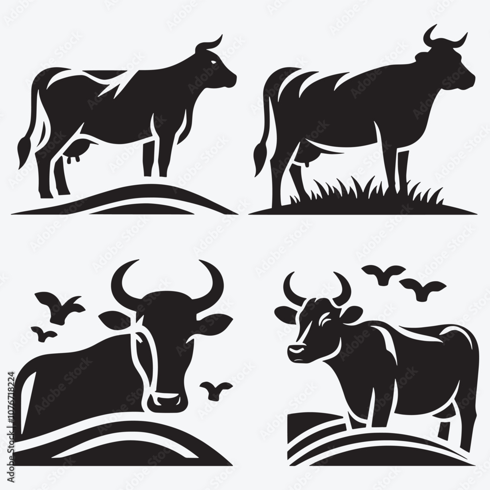 Fototapeta premium Cow Black Silhouette Bundle Clip Art Vector Illustration Isolated on White Background