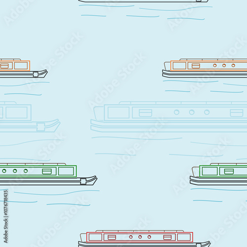 Editable Outline Style Side View Narrow Boat Vector Illustration With Water Waves Seamless Pattern for Creating Background of Transportation or Recreation of United Kingdom or Europe