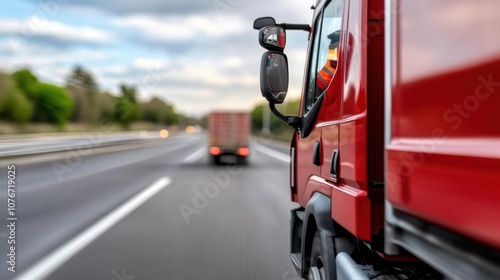 A red truck is captured speeding on the highway, focusing on its side view and blurred motion, conveying a sense of speed and movement in open road transportation.