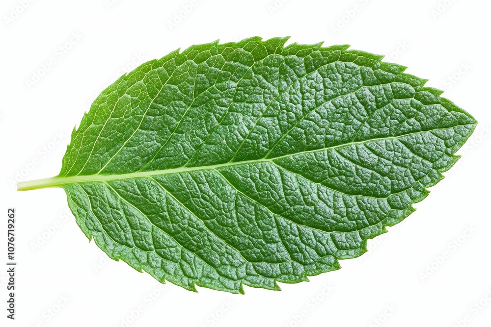 Single Green Leaf with Prominent Veins and Jagged Edges Single Green Leaf with Prominent Veins and Jagged Edges