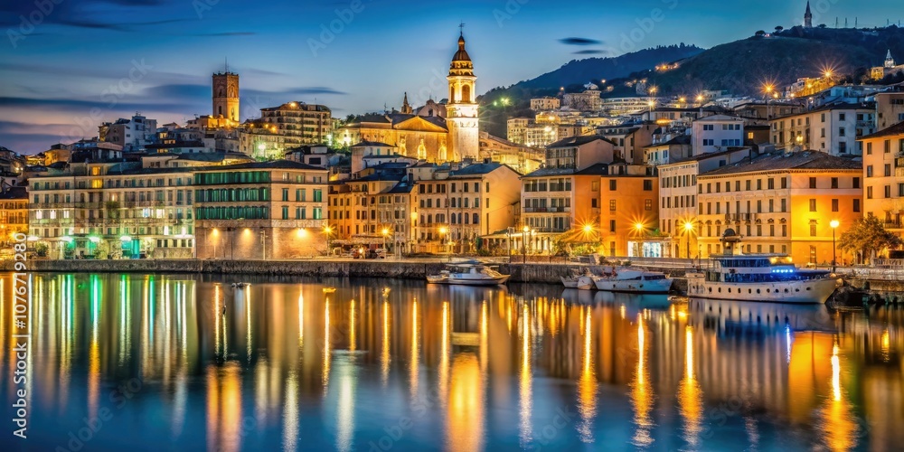 Obraz premium Serene Long Exposure Nightscape of Genova's Waterfront with Vibrant Lights and Tranquil Waters