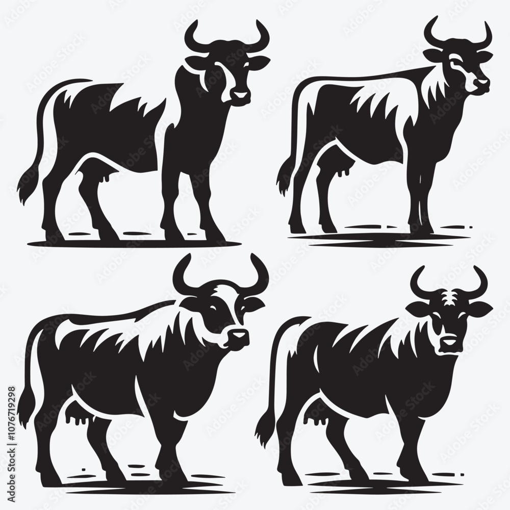 Fototapeta premium Cow Black Silhouette Bundle Clip Art Vector Illustration Isolated on White Background