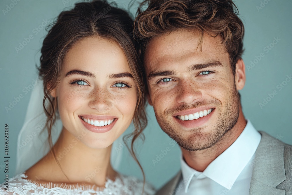 Smiling Happy Couple in Wedding Attire for a Joyful Celebration Image Smiling Happy Couple in Wedding Attire for a Joyful Celebration Image