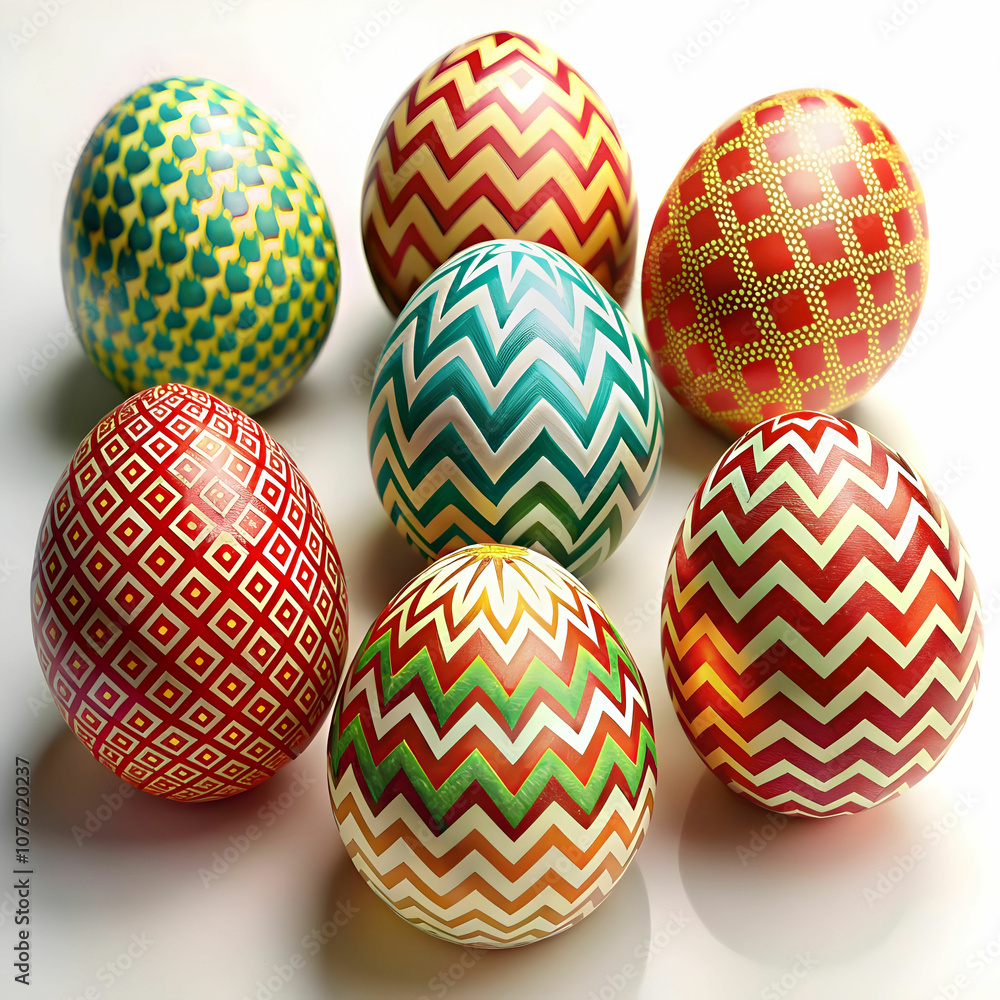 A vibrant set of eggs showcasing festive geometric patterns, A vibrant set of eggs showcasing festive geometric patterns,