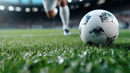 A close-up view of a soccer ball on the grassy field with a player running towards it, highlighting the energy, excitement, and anticipation of the game. photo