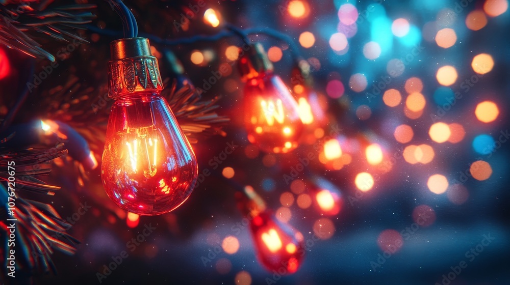 Close-up of Christmas lights with red, green, yellow, and blue glowing bulbs, enhanced by high-tech LED lighting effects and vibrant, pulsating colors Close-up of Christmas lights with red, green, yellow, and blue glowing bulbs, enhanced by high-tech LED lighting effects and vibrant, pulsating colors