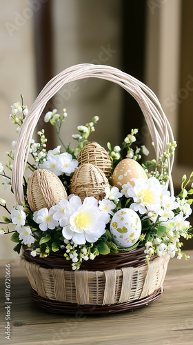 Springtime basket showcases decorative eggs and vibrant flowers, perfect for Easter festivities and home decor