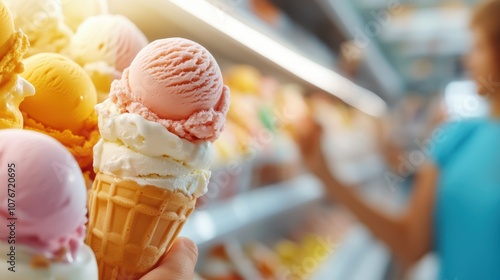 A hand holds a pink strawberry scoop ice cream in a waffle cone, displayed in a refrigerated store aisle, exuding vibrancy, freshness, and a touch of nostalgia. photo