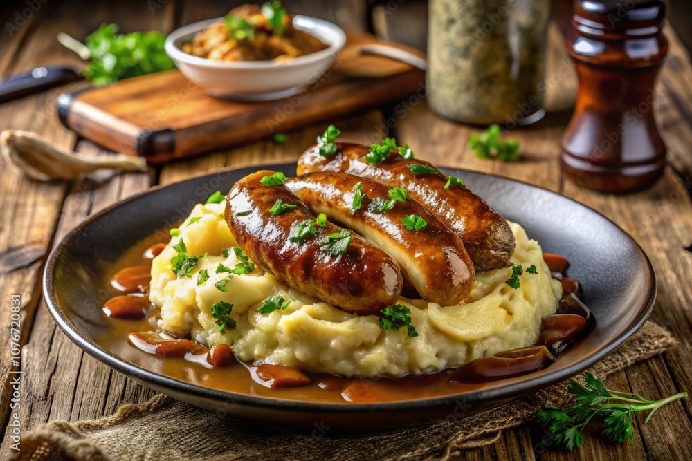 Fototapeta premium A Delicious Plate of Bangers and Mash: Juicy Sausages with Creamy Mashed Potatoes and Rich Onion Gravy for a Traditional British Meal Experience