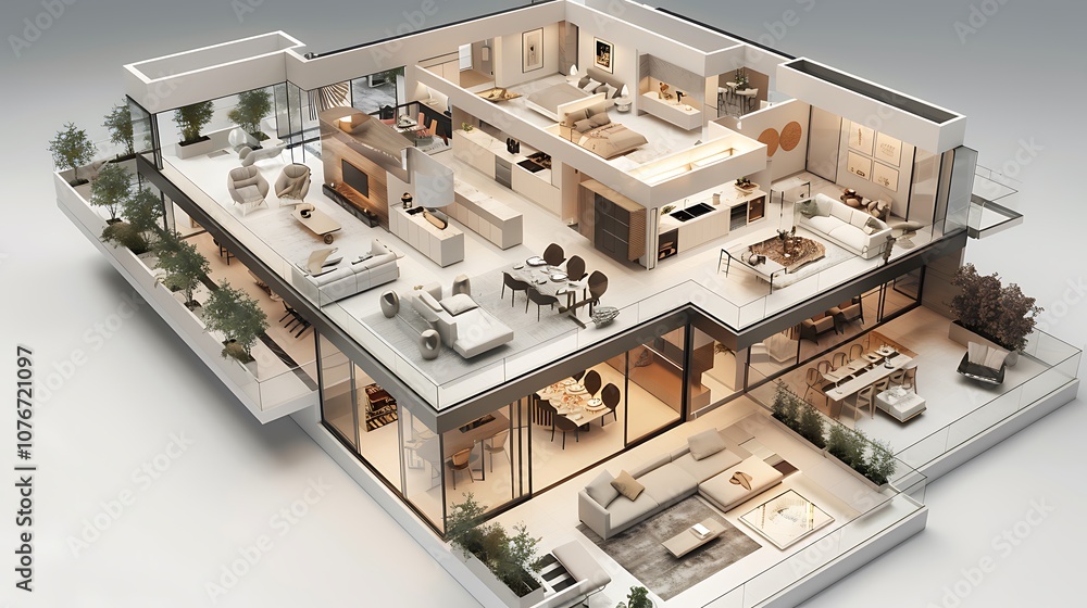 A 3D-rendered floor plan of a luxury home, highlighting spacious rooms, sleek architecture, and modern interior designs. The elegant layout offers a clear view of a sophisticated residential space. A 3D-rendered floor plan of a luxury home, highlighting spacious rooms, sleek architecture, and modern interior designs. The elegant layout offers a clear view of a sophisticated residential space.