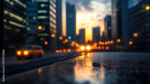 A vibrant city sunset captured in soft focus, highlighting glowing street lights and blurred traffic, perfect for urban lifestyle themes, travel blogs, or as a backdrop for business concepts,