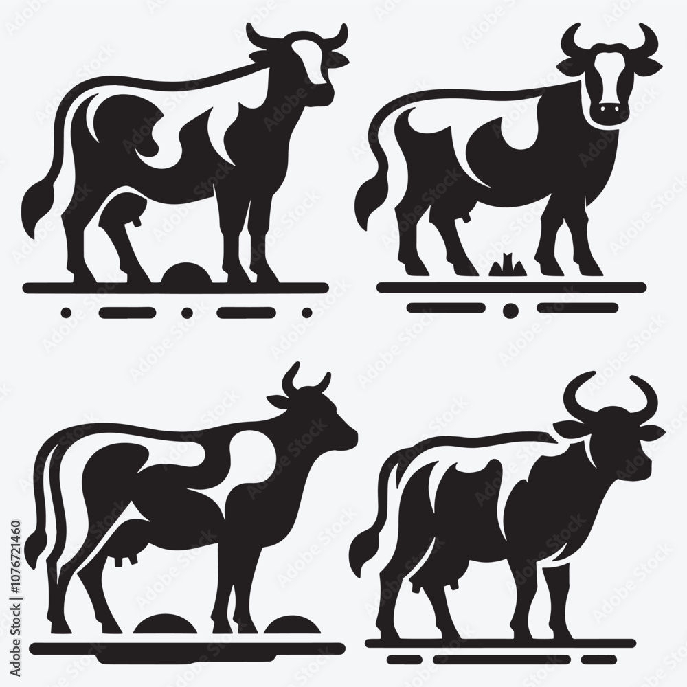 Fototapeta premium Cow Black Silhouette Bundle Clip Art Vector Illustration Isolated on White Background