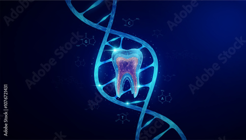 Tooth in DNA gene cell double helix blue. Genetic synthetic biology combined. Anatomy organ glowing polygonal. Code analysis thymine, adenine, guanine, cytosine. Medical science vector.
