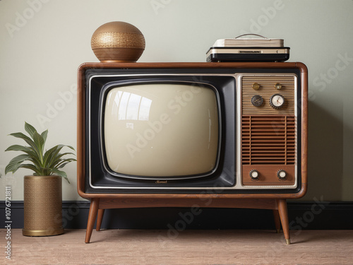 Retro 1960s Television with Wooden Frame and Classic Knobs