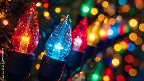 Close-up of Christmas lights with red, green, yellow, and blue glowing bulbs, enhanced by high-tech LED lighting effects and vibrant, pulsating colors