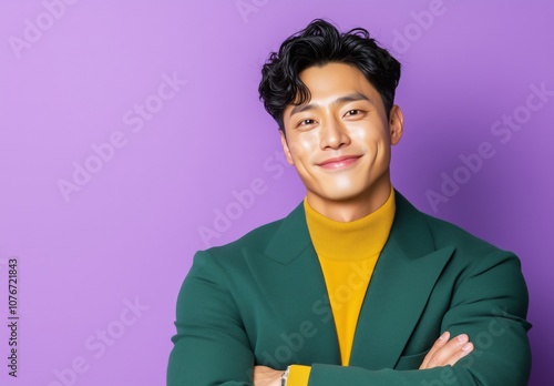 Stylish Man Posing in a Green Blazer and Yellow Top, people expression series