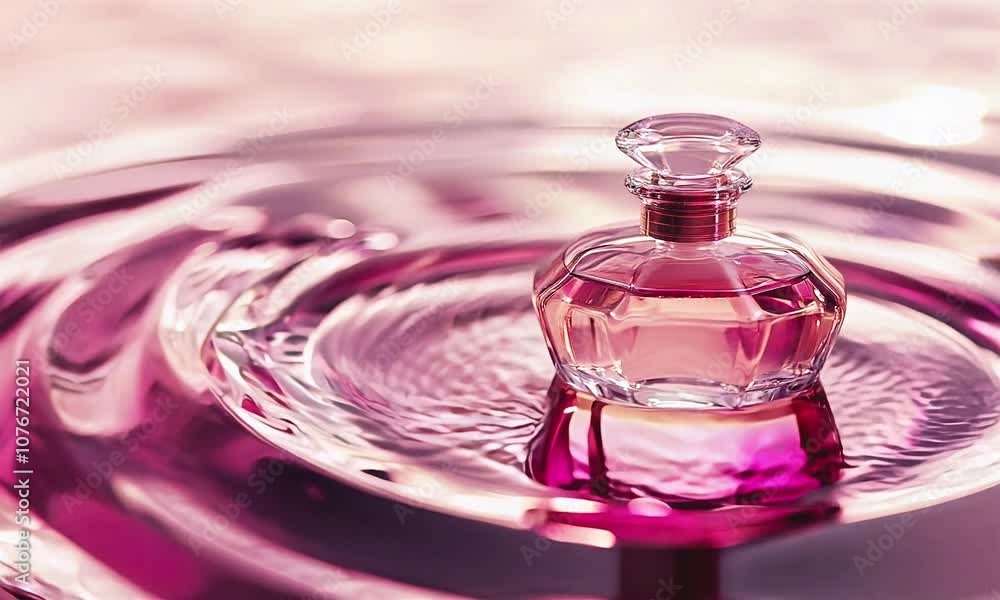 Bottle of perfume in pink water. Bottle of perfume in pink water.