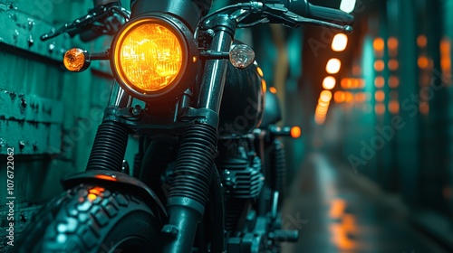 A close-up of a motorcycle headlight glows warmly against an atmospheric corridor, emphasizing its sleek design, This image is perfect for automotive articles, blog posts, or promotional materials, photo