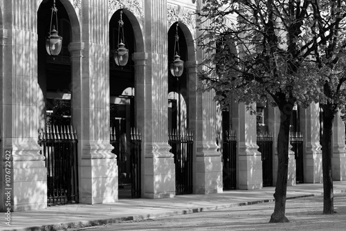 Paris, France. Palais Royal (Royal Palace) Architecture. Black and White Parisian Landmarks Cityscape.